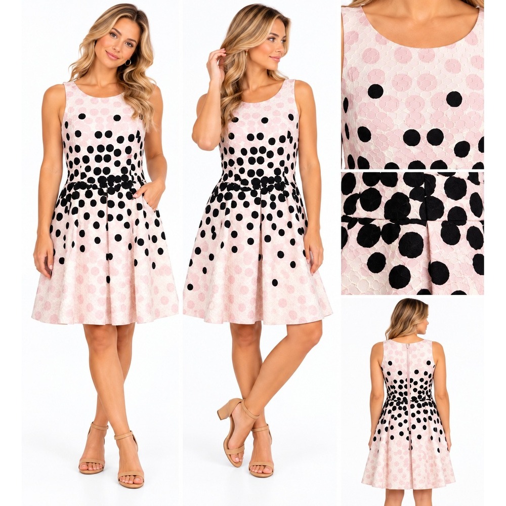 Kate Spade 8 Dress Pink Black Polka Dot Jacquard Fit Flare Cocktail Party Retro